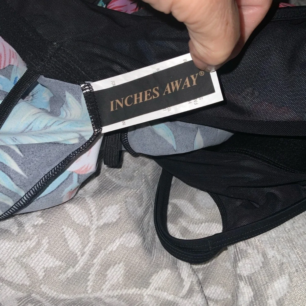 Inches Away Black With Multicolor Tropical Floral Print Swim Dress Size 12